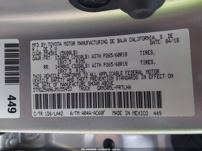 2018 Toyota Tacoma Limited VIN: 3TMGZ5AN6JM155453 Lot: 44066886