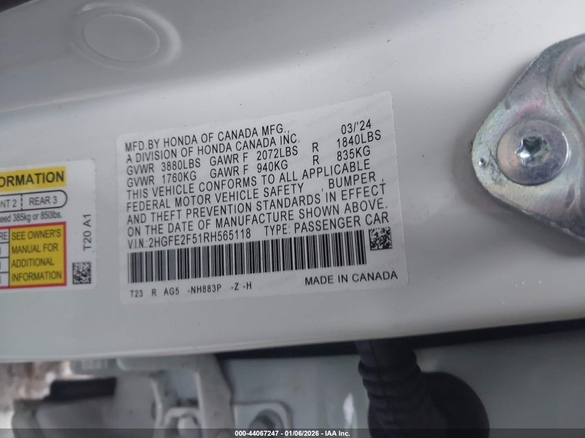 VIN 2HGFE2F51RH565118 2024 HONDA CIVIC SPORT