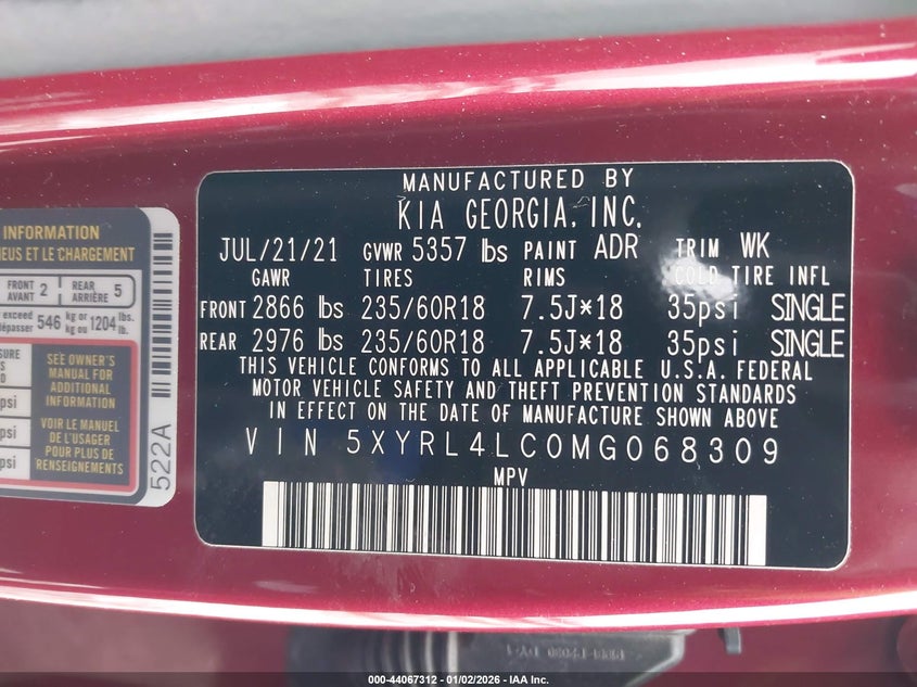 VIN 5XYRL4LC0MG068309 2021 KIA SORENTO S