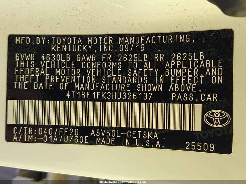 2017 Toyota Camry Se VIN: 4T1BF1FK3HU326137 Lot: 44067369