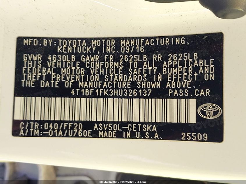 2017 Toyota Camry Se VIN: 4T1BF1FK3HU326137 Lot: 44067369