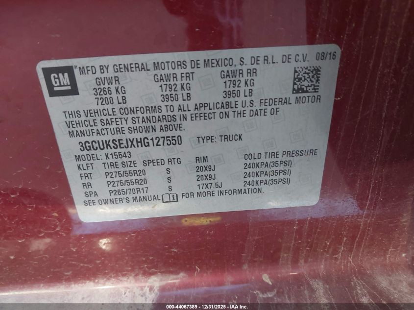 2017 Chevrolet Silverado 1500 2Lz VIN: 3GCUKSEJXHG127550 Lot: 44067389