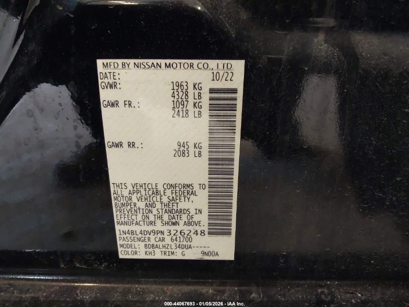 2023 Nissan Altima Sv Fwd VIN: 1N4BL4DV9PN326248 Lot: 44067693