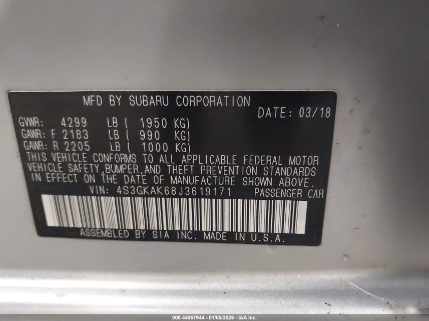 2018 Subaru Impreza 2.0I Sport VIN: 4S3GKAK68J3619171 Lot: 44067944