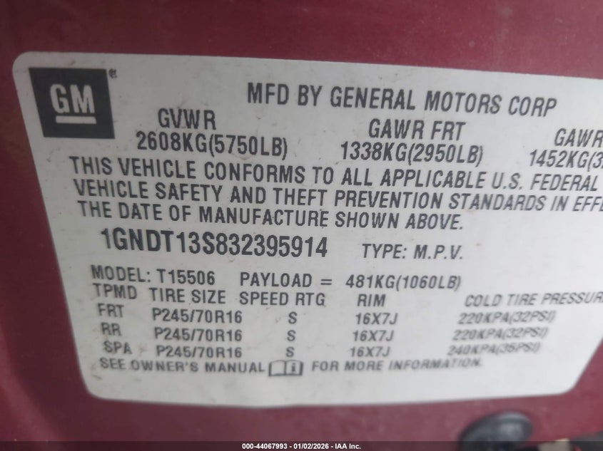 2003 Chevrolet Trailblazer Lt VIN: 1GNDT13S832395914 Lot: 44067993