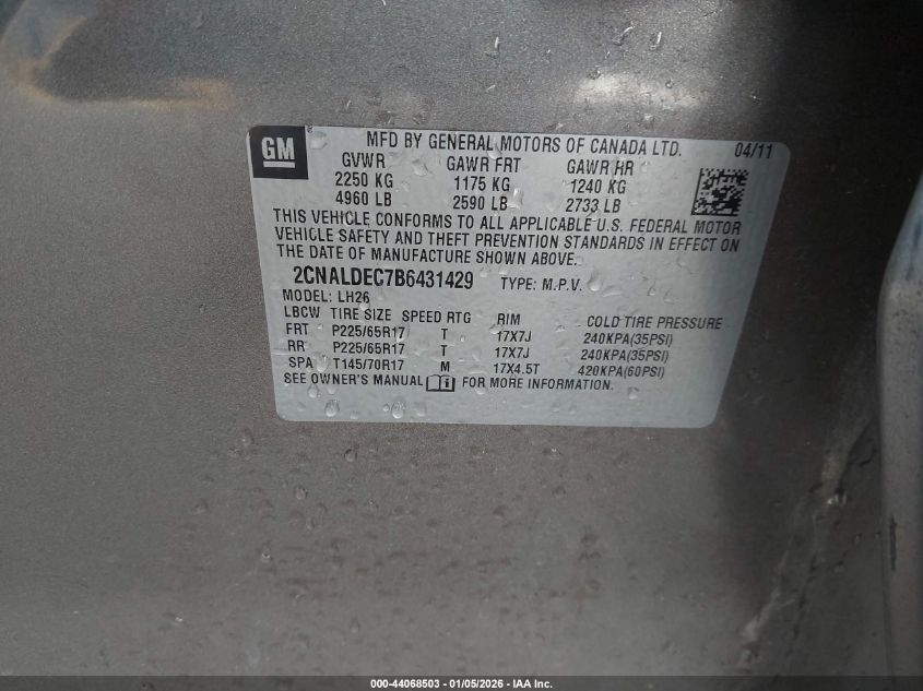 2011 Chevrolet Equinox 1Lt VIN: 2CNALDEC7B6431429 Lot: 44068503
