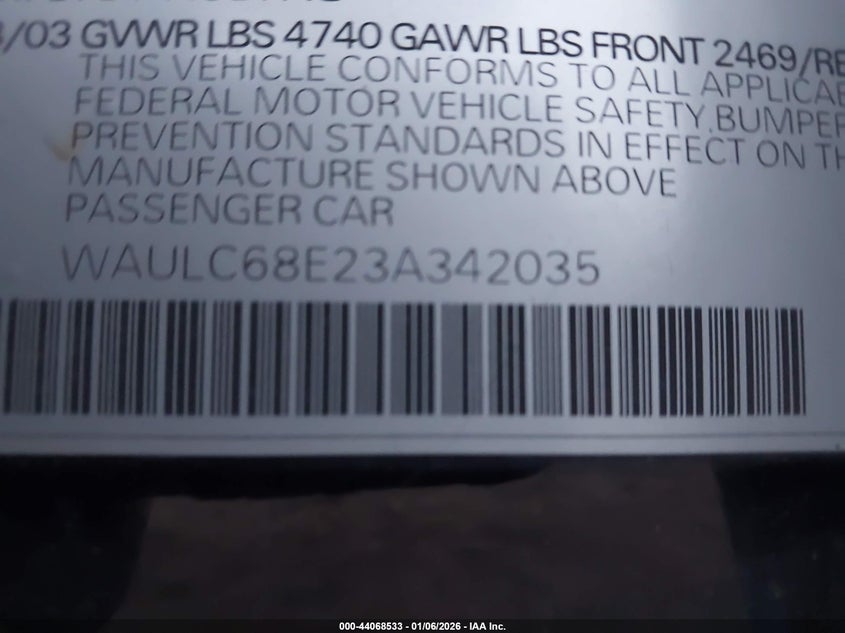 2003 Audi A4 1.8T VIN: WAULC68E23A342035 Lot: 44068533