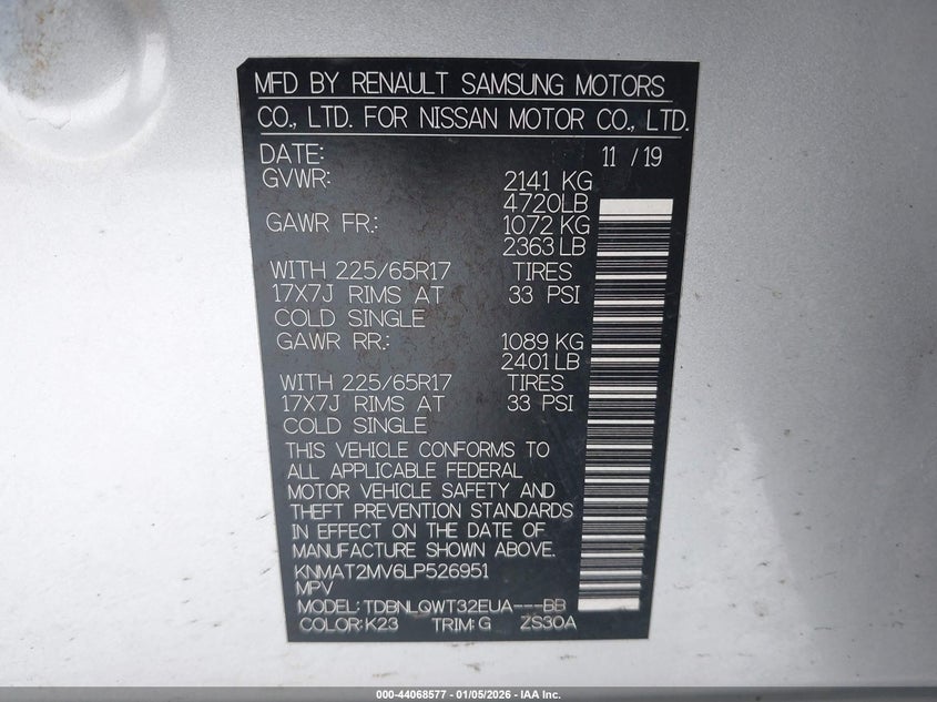 VIN KNMAT2MV6LP526951 2020 NISSAN ROGUE SV INTELLIGENT AWD