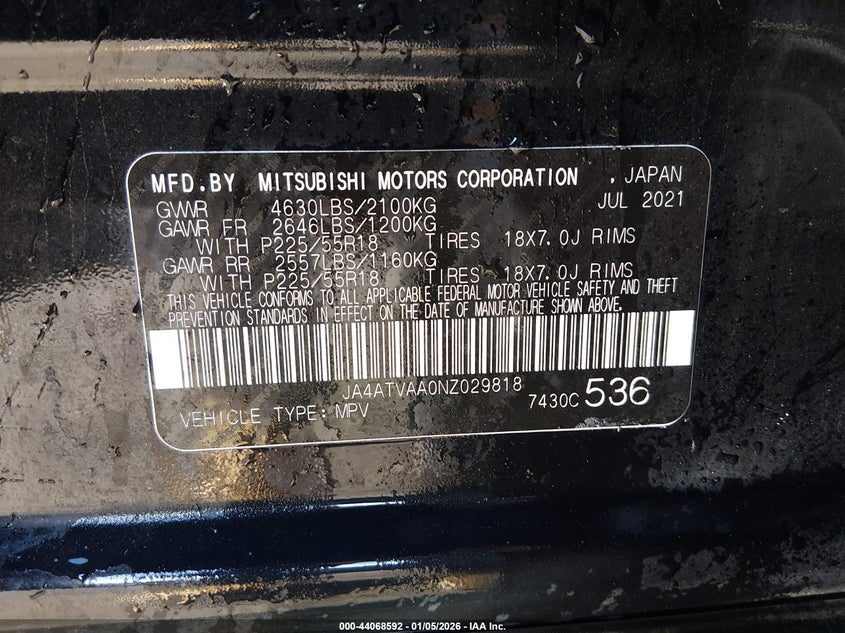 2022 Mitsubishi Eclipse Cross Le S-Awc VIN: JA4ATVAA0NZ029818 Lot: 44068592