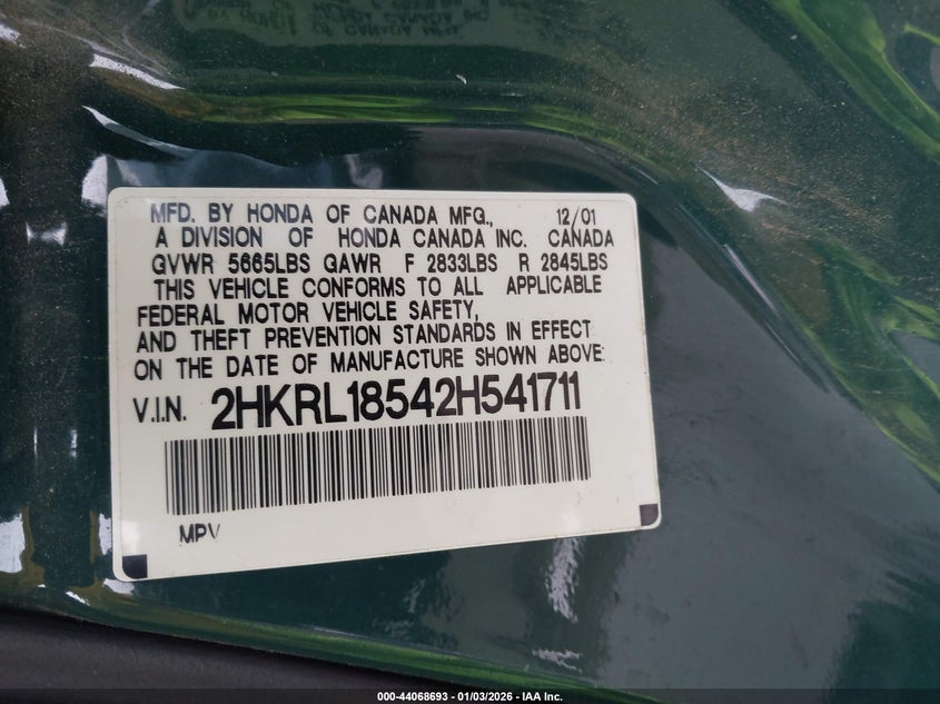 2002 Honda Odyssey Lx VIN: 2HKRL18542H541711 Lot: 44068693