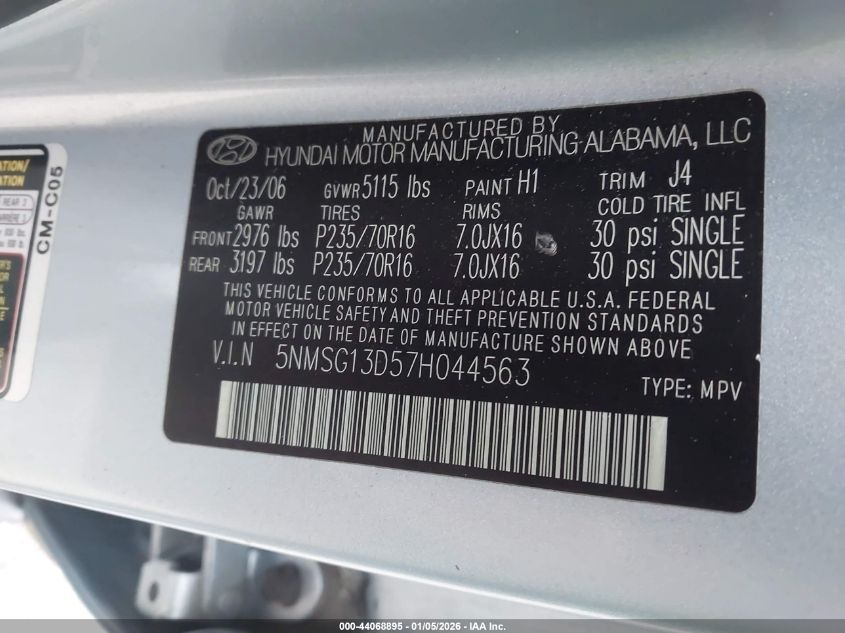 2007 Hyundai Santa Fe Gls VIN: 5NMSG13D57H044563 Lot: 44068895