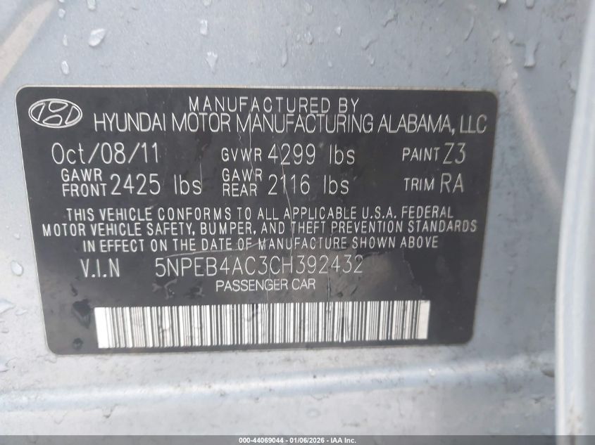 2012 Hyundai Sonata Gls VIN: 5NPEB4AC3CH392432 Lot: 44069044