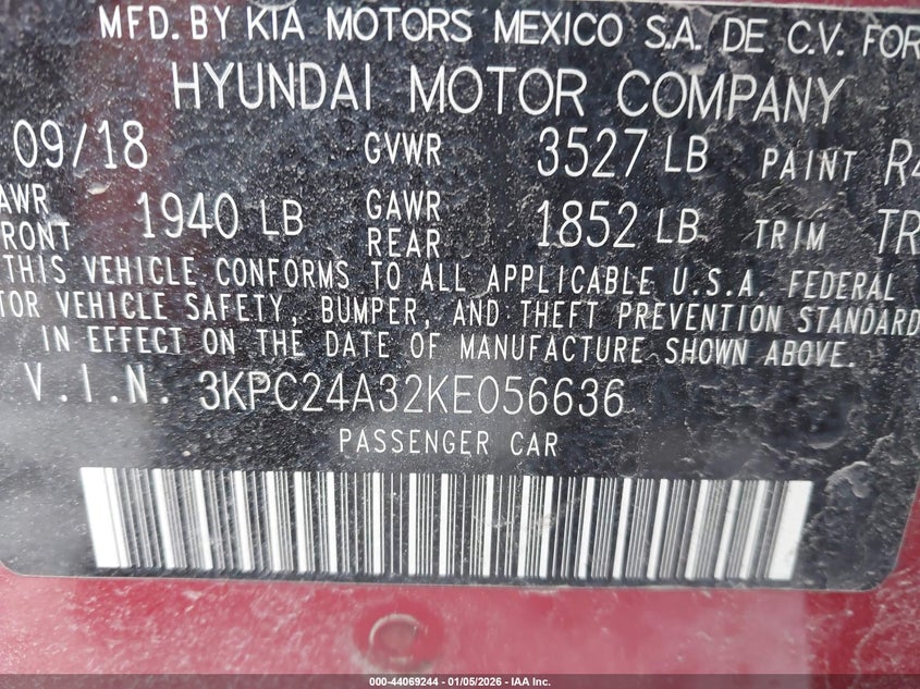 2019 Hyundai Accent Se VIN: 3KPC24A32KE056636 Lot: 44069244