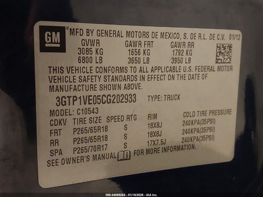 2012 GMC Sierra 1500 Sle VIN: 3GTP1VE05CG202933 Lot: 44069264