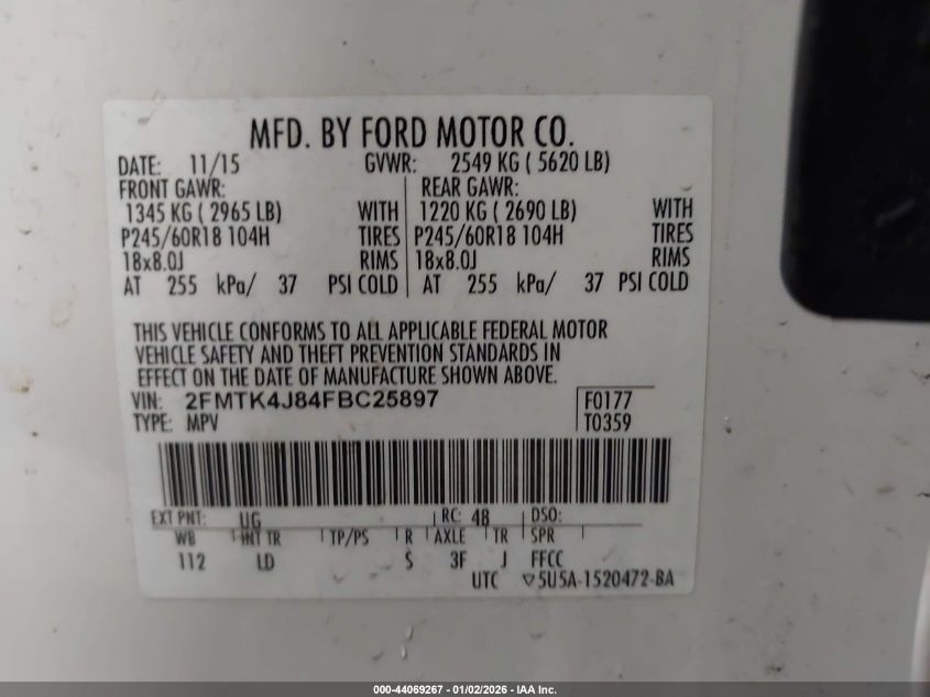 2015 Ford Edge Sel VIN: 2FMTK4J84FBC25897 Lot: 44069267