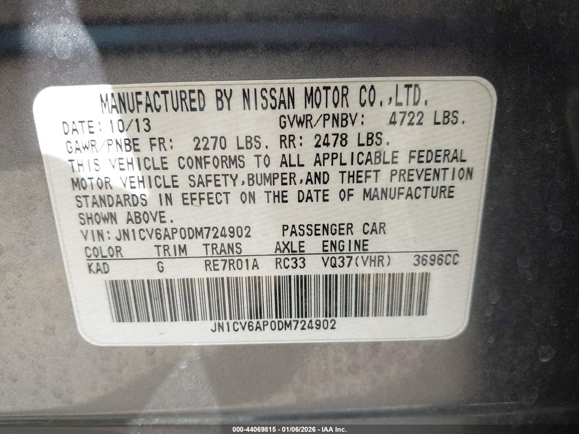 2013 Infiniti G37 Journey VIN: JN1CV6AP0DM724902 Lot: 44069815