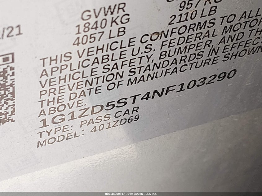 VIN 1G1ZD5ST4NF103290 2022 CHEVROLET MALIBU FWD LT