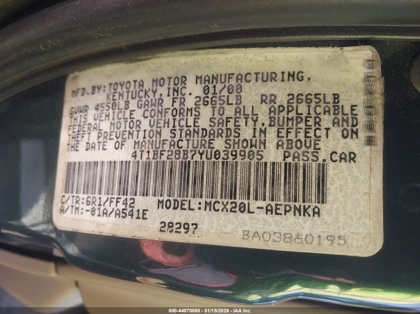 2000 TOYOTA AVALON SEDAN 3.0L V-6 DOHC, VVT, 210HP