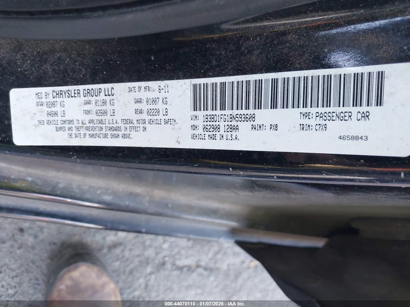 2011 Dodge Avenger Mainstreet VIN: 1B3BD1FG1BN593608 Lot: 44070110