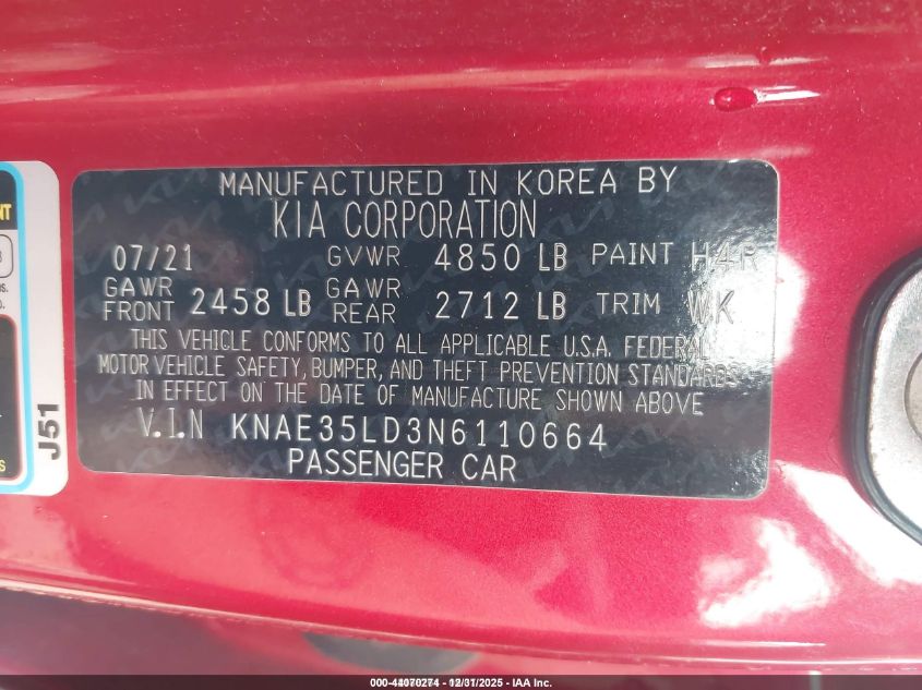 2022 Kia Stinger Gt-Line VIN: KNAE35LD3N6110664 Lot: 44070274