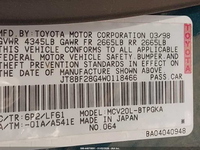 1998 Lexus Es 300 VIN: JT8BF28G4W0118466 Lot: 44070591