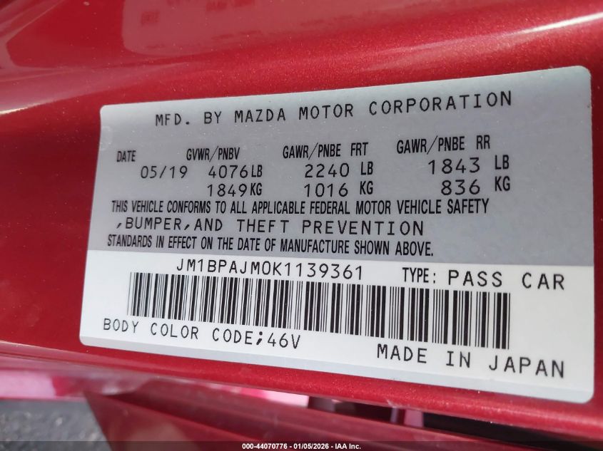 2019 Mazda Mazda3 VIN: JM1BPAJM0K1139361 Lot: 44070776
