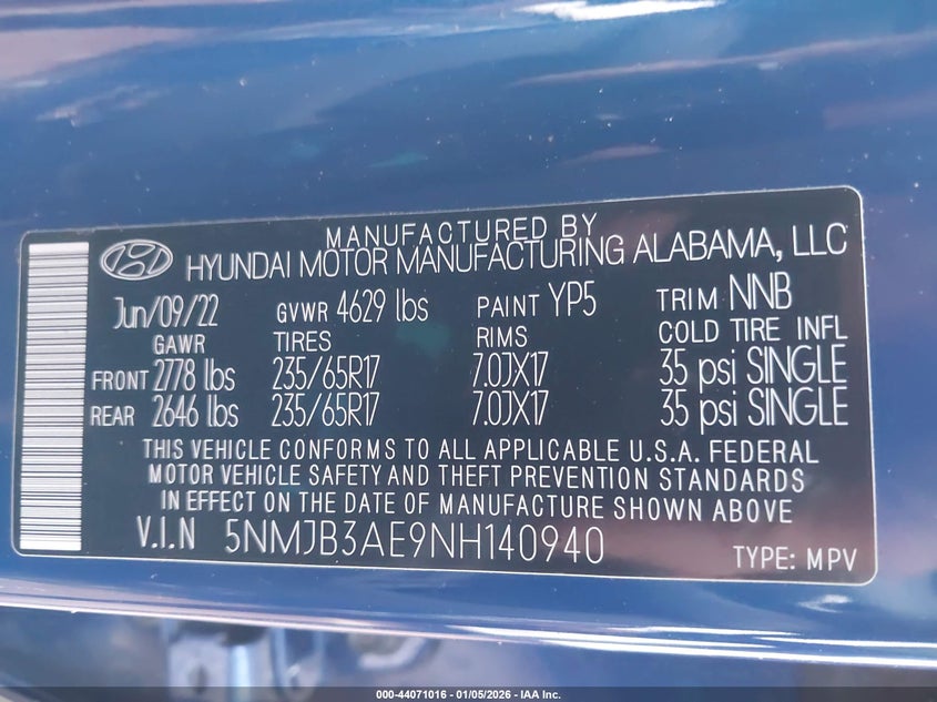 VIN 5NMJB3AE9NH140940 2022 HYUNDAI TUCSON SEL