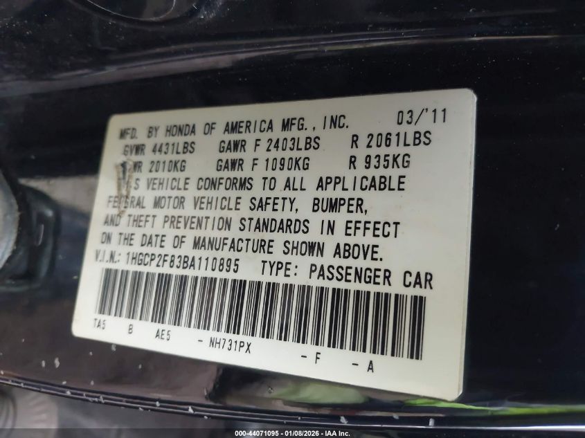 2011 Honda Accord 2.4 Ex-L VIN: 1HGCP2F83BA110895 Lot: 44071095