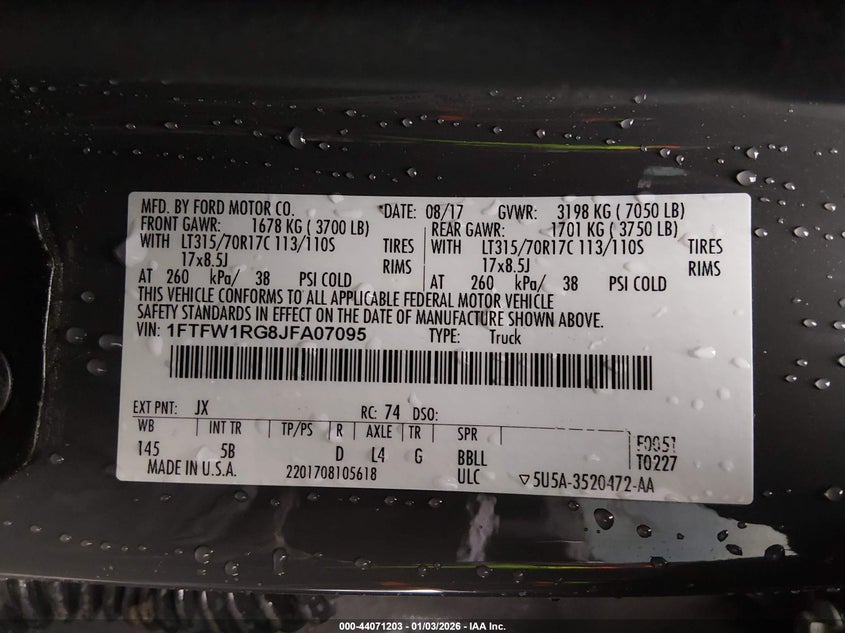 VIN 1FTFW1RG8JFA07095 2018 FORD F-150 RAPTOR