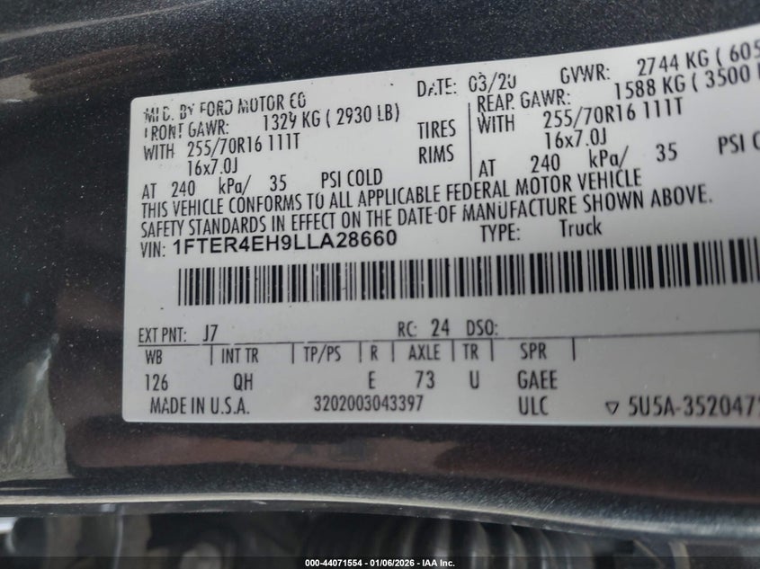 VIN 1FTER4EH9LLA28660 2020 FORD RANGER XL