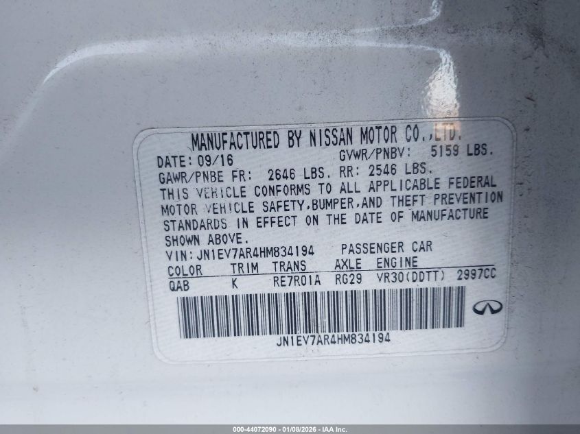 2017 Infiniti Q50 3.0T Premium VIN: JN1EV7AR4HM834194 Lot: 44072090