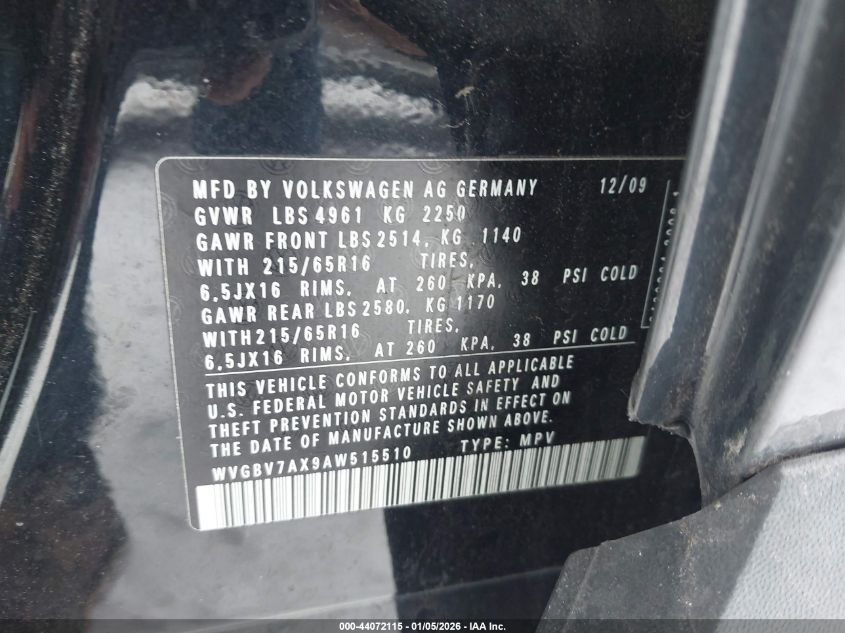 2010 Volkswagen Tiguan S VIN: WVGBV7AX9AW515510 Lot: 44072115