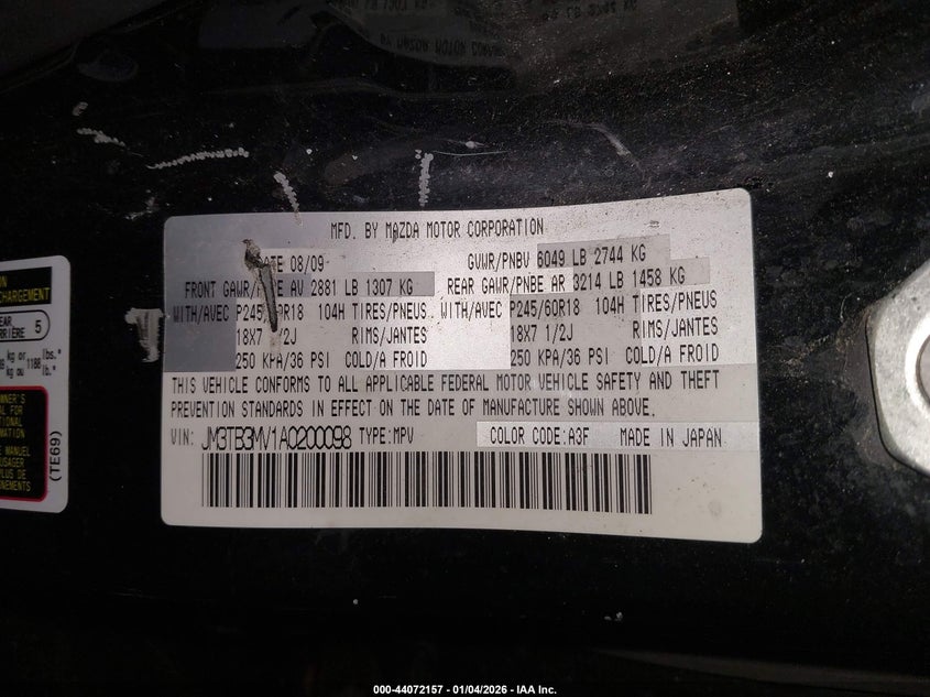 2010 Mazda Cx-9 Sport VIN: JM3TB3MV1A0200098 Lot: 44072157