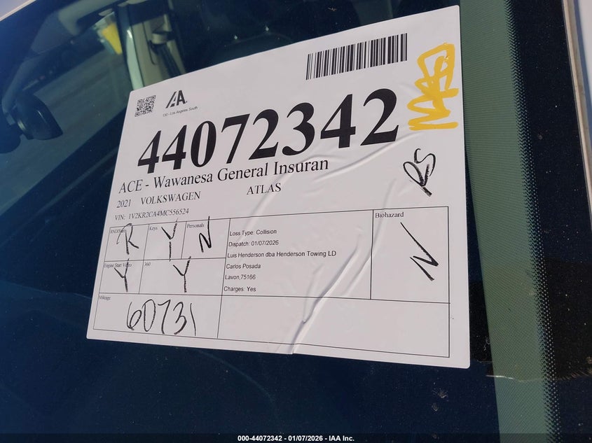 2021 Volkswagen Atlas 3.6L V6 Se W/Technology VIN: 1V2KR2CA4MC556524 Lot: 44072342