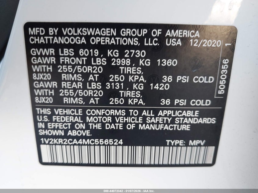 2021 Volkswagen Atlas 3.6L V6 Se W/Technology VIN: 1V2KR2CA4MC556524 Lot: 44072342