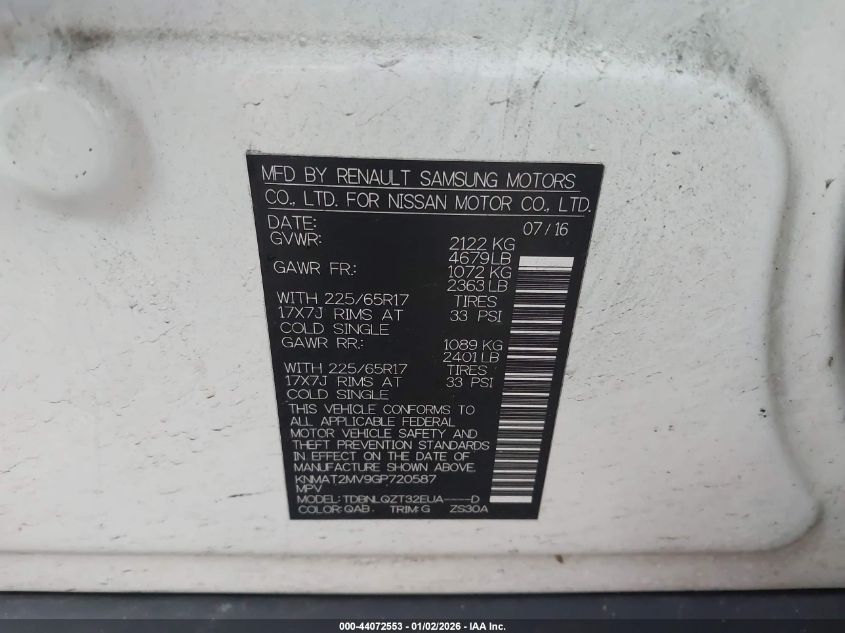 2016 Nissan Rogue S/Sl/Sv VIN: KNMAT2MV9GP720587 Lot: 44072553