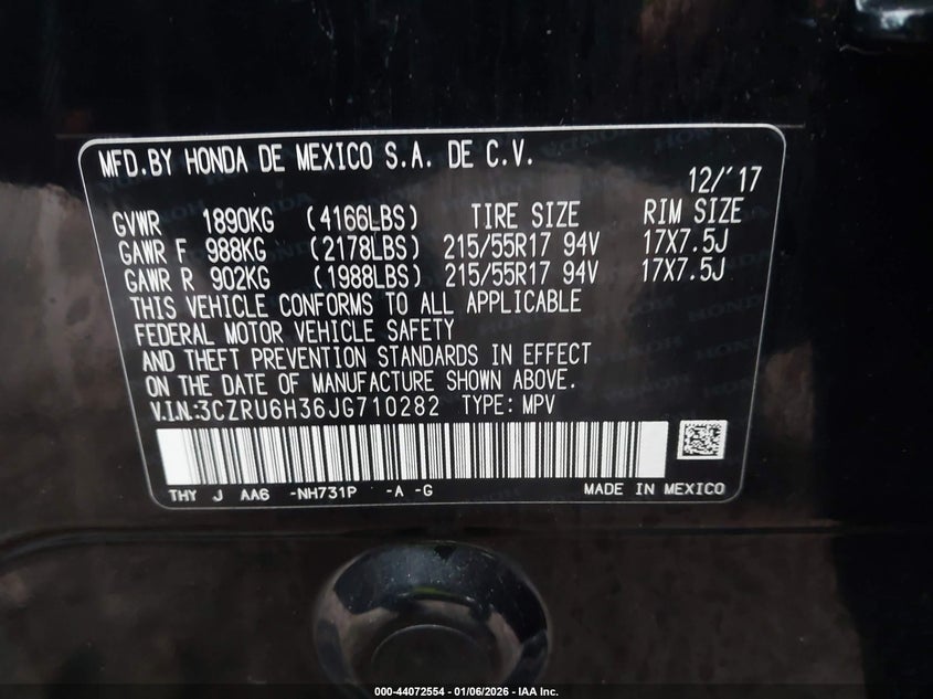 VIN 3CZRU6H36JG710282 2018 HONDA HR-V LX
