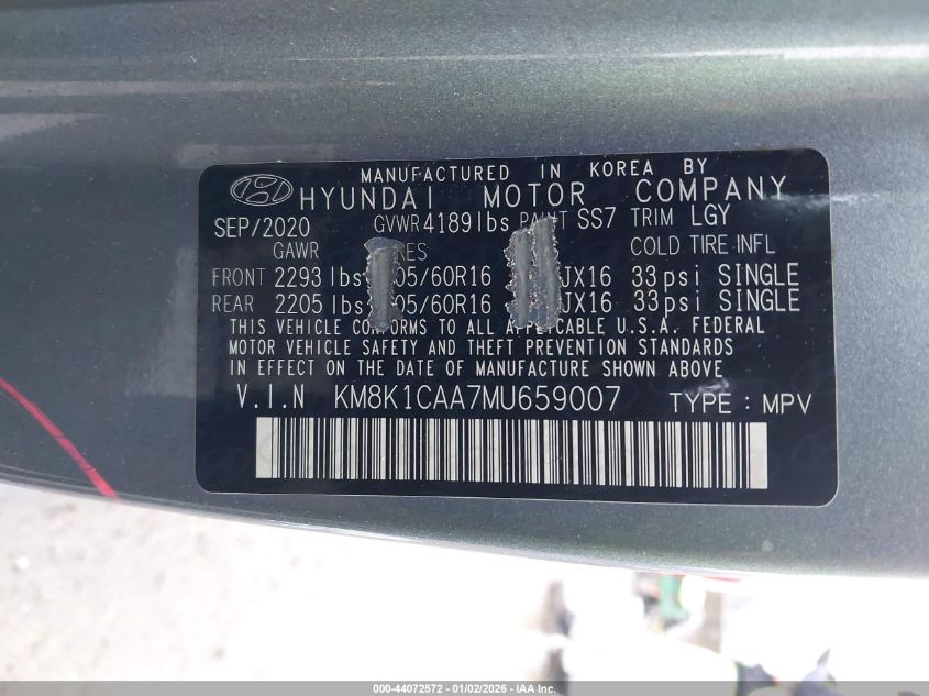 2021 Hyundai Kona Se VIN: KM8K1CAA7MU659007 Lot: 44072572