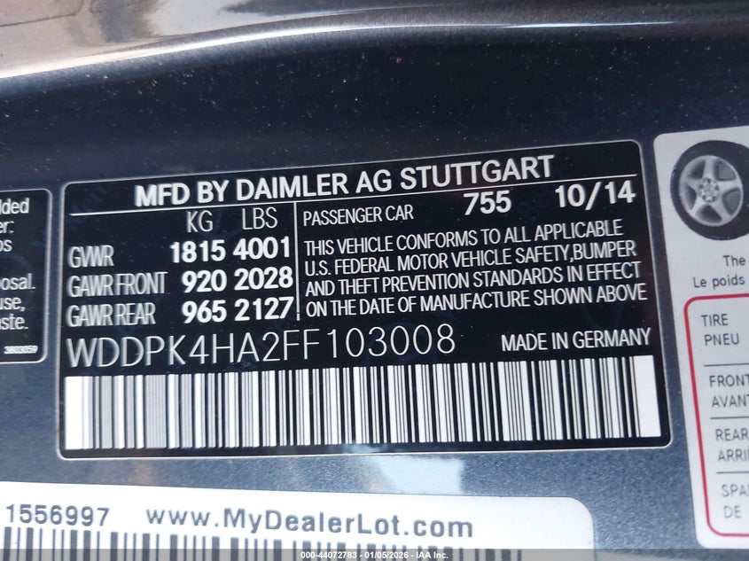 2015 Mercedes-Benz Slk 250 VIN: WDDPK4HA2FF103008 Lot: 44072783