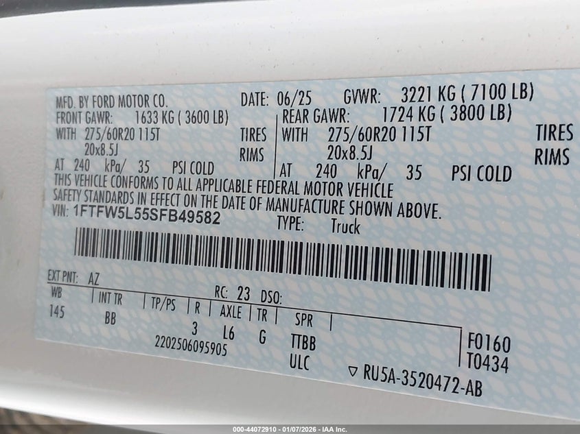 VIN 1FTFW5L55SFB49582 2025 FORD F-150 LARIAT