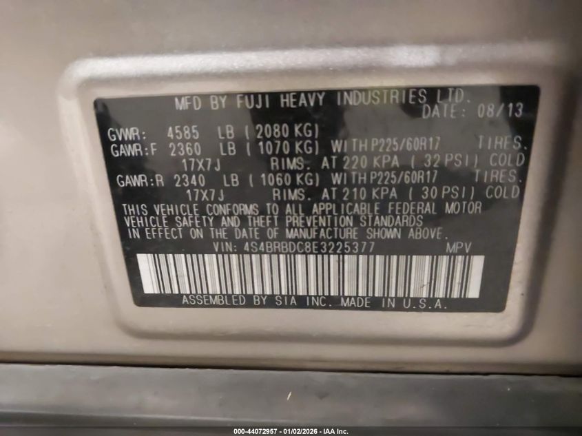 2014 Subaru Outback 2.5I Premium VIN: 4S4BRBDC8E3225377 Lot: 44072957