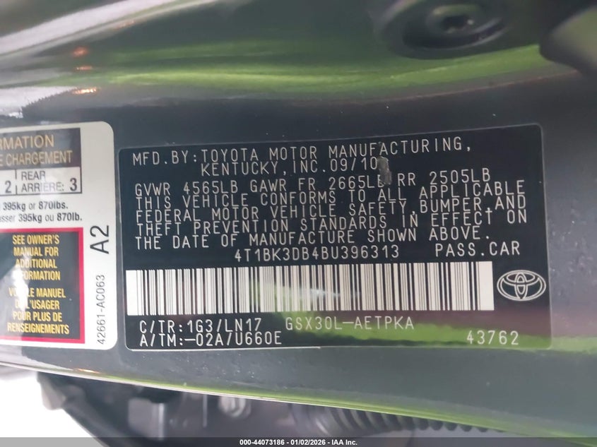 2011 Toyota Avalon Limited VIN: 4T1BK3DB4BU396313 Lot: 44073186