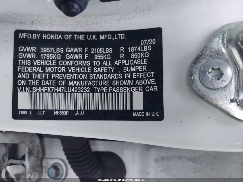VIN SHHFK7H47LU423232 2020 HONDA CIVIC SPORT