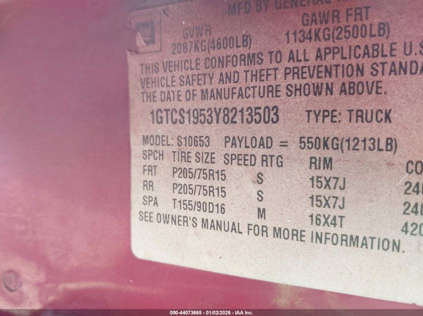 2000 GMC Sonoma Sls VIN: 1GTCS1953Y8213503 Lot: 44073665