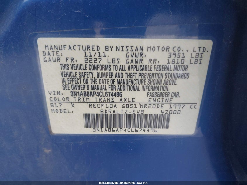 2012 Nissan Sentra 2.0 2.0 Sr blue Lot 111044073796 Vin 3N1AB6AP4CL674496