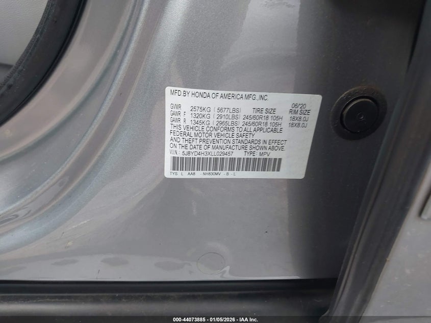2020 Acura Mdx Standard VIN: 5J8YD4H3XLL029457 Lot: 44073885
