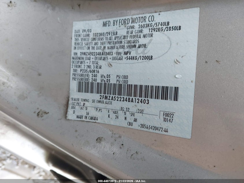2004 Ford Freestar Sel VIN: 2FMZA52234BA12403 Lot: 44073973