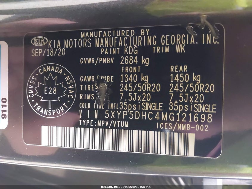 VIN 5XYP5DHC4MG121698 2021 KIA TELLURIDE SX