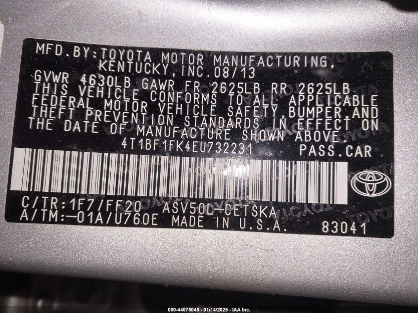 2014 Toyota Camry Se Sport VIN: 4T1BF1FK4EU732231 Lot: 44075045