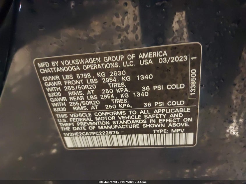 2023 Volkswagen Atlas Cross Sport 3.6L V6 Se W/Technology VIN: 1V2HE2CA7PC222675 Lot: 44075794